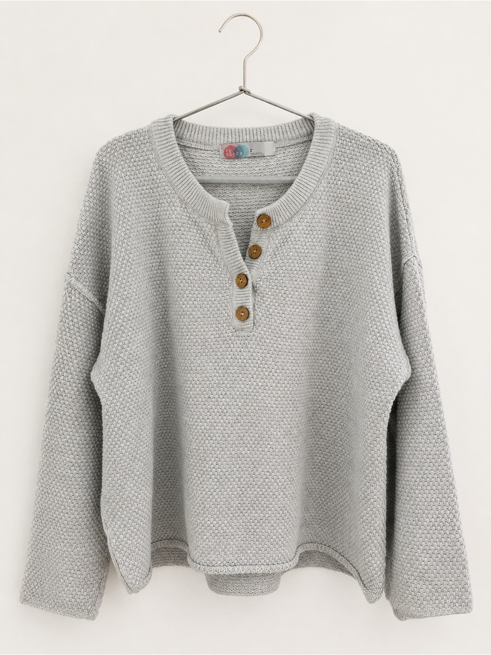 Women's Light Gray Henley Knit Sweater with Button Placket